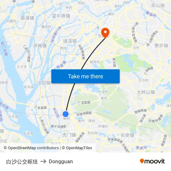 Baisha Transit Hub to Dongguan map