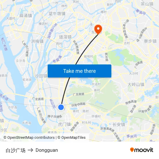 Baisha Square to Dongguan map