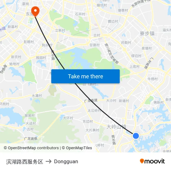 Binhu Road West Service Area to Dongguan map
