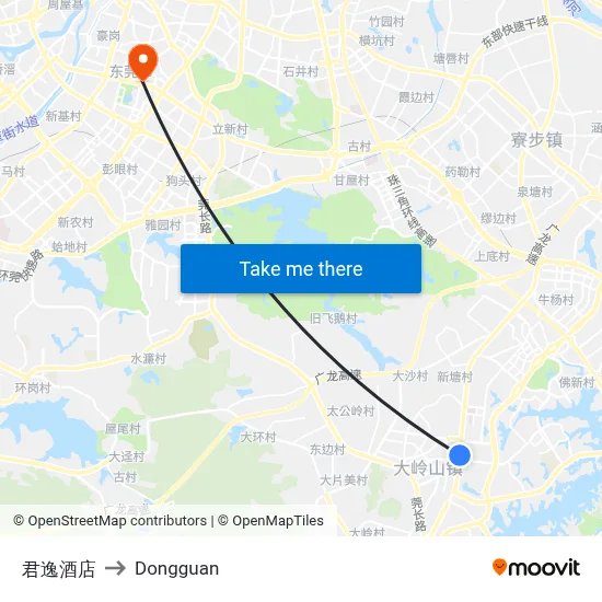Jun Yi Hotel to Dongguan map