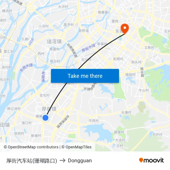 Houjie Bus Station (Shanhu Intersection) to Dongguan map