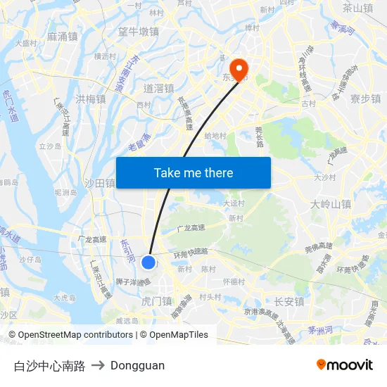 Baisha Central South Road to Dongguan map