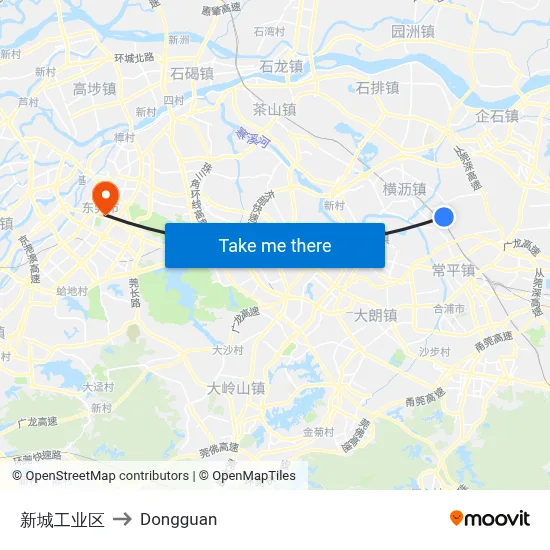 Xincheng Industrial Zone to Dongguan map