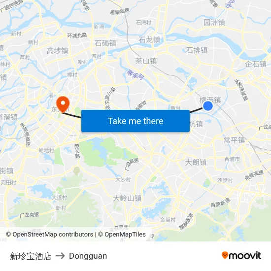 New Treasure Hotel to Dongguan map