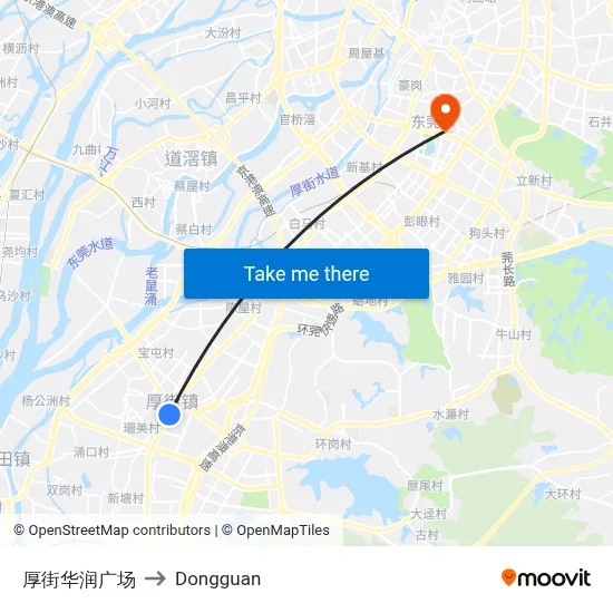 Houjie Huarun Plaza to Dongguan map