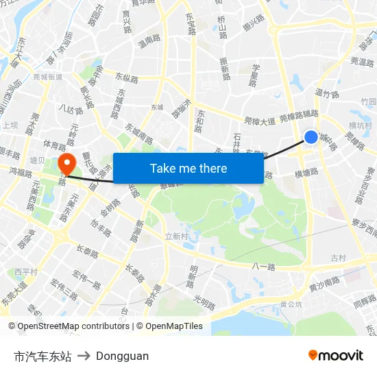 East Bus Terminal to Dongguan map