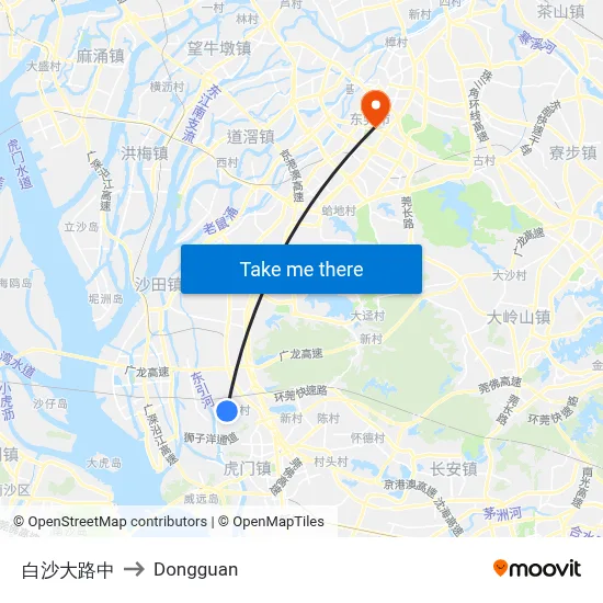 Baisha Avenue Central to Dongguan map
