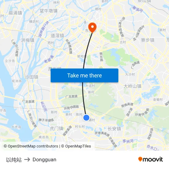 Yishun Station to Dongguan map