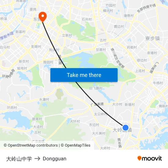 Dalingshan Middle School to Dongguan map