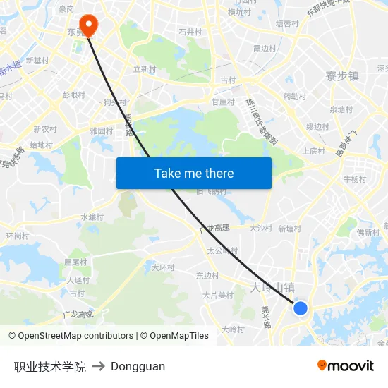 Vocational and Technical College to Dongguan map
