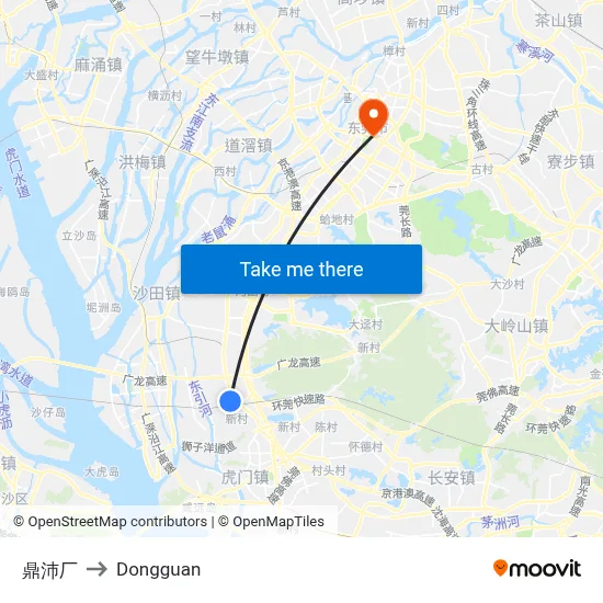 Dingpei Factory to Dongguan map