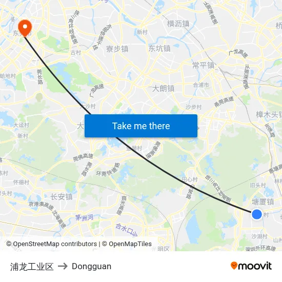 Pulong Industrial Zone to Dongguan map