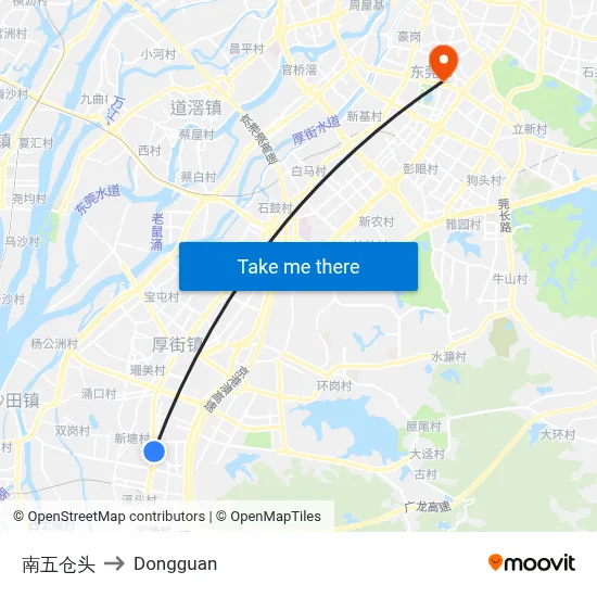 Nanwu Cangtou to Dongguan map