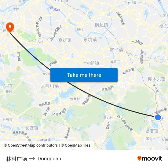 Lin Village Square to Dongguan map