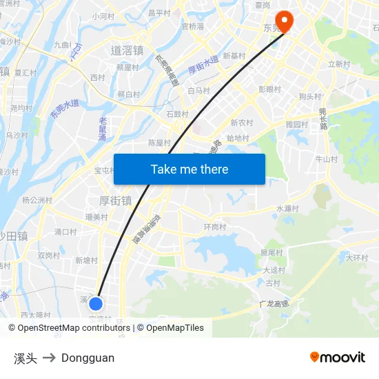 Xitou to Dongguan map