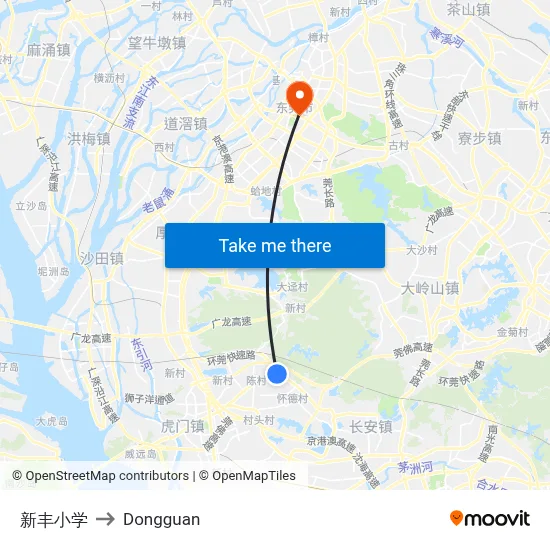 Xinfeng Primary School to Dongguan map