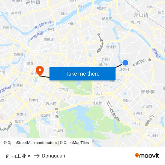 Xiangxi Industrial Zone to Dongguan map