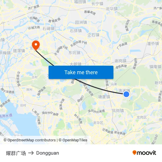 Yaoqun Plaza to Dongguan map