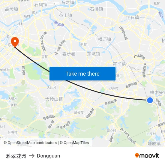Yacui Garden to Dongguan map