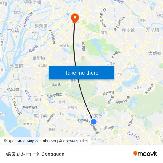 Jinxia New Village West to Dongguan map