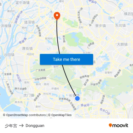 Children's Palace to Dongguan map