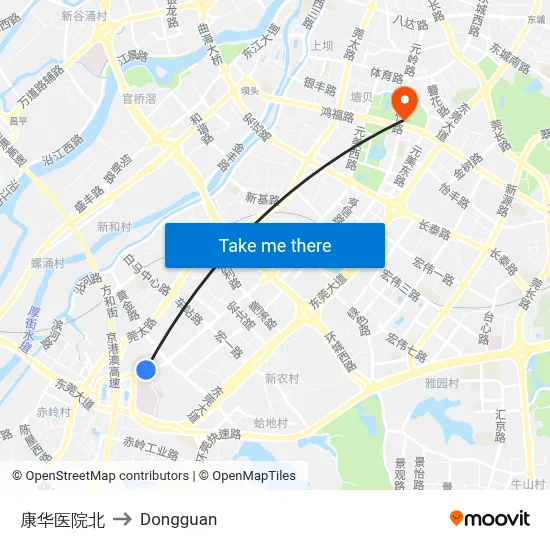 Kanghua Hospital North to Dongguan map