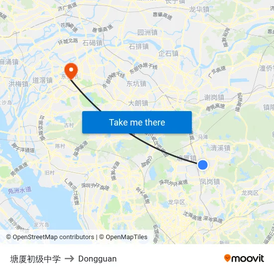 Tangxia Junior High School to Dongguan map