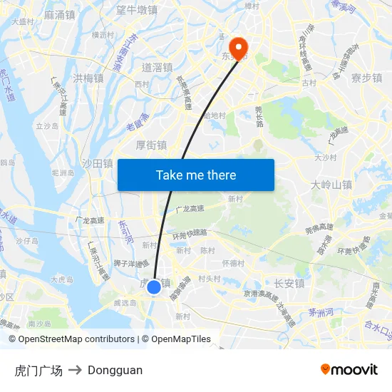 Humen Square to Dongguan map