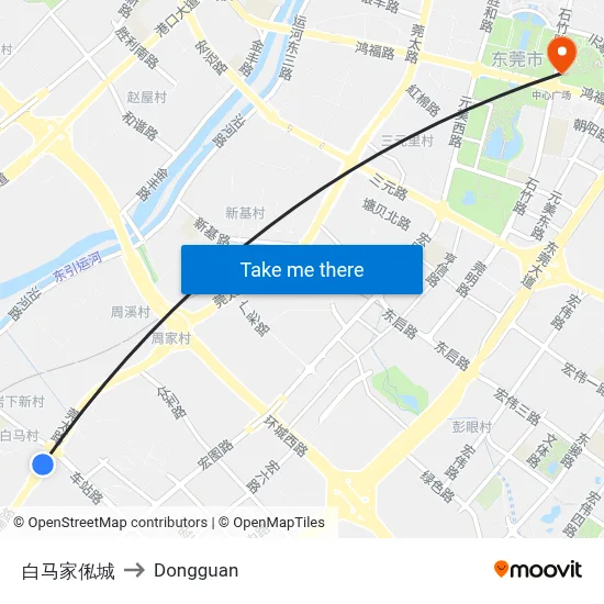 Baima Furniture City to Dongguan map