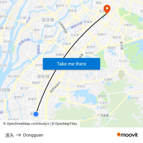 Xitou to Dongguan map