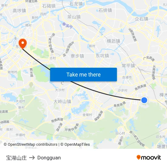 Baohu Villa to Dongguan map