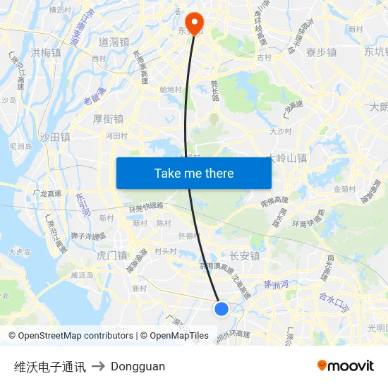 Vivo Electronics to Dongguan map