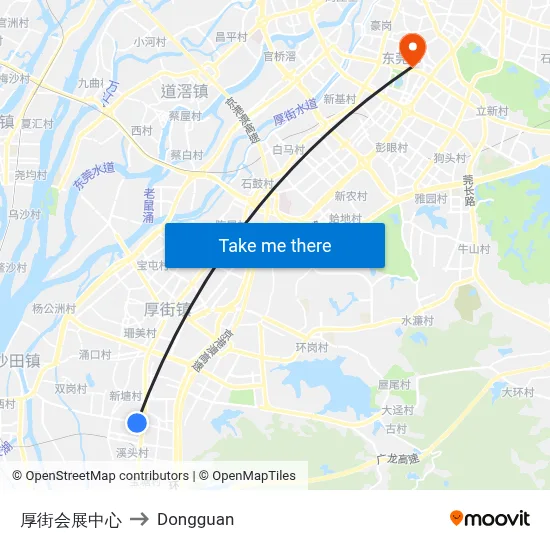 Houjie Convention Center to Dongguan map
