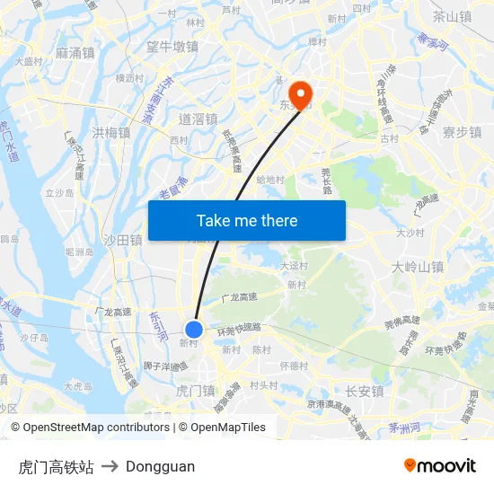 Humen High-Speed Rail Station to Dongguan map