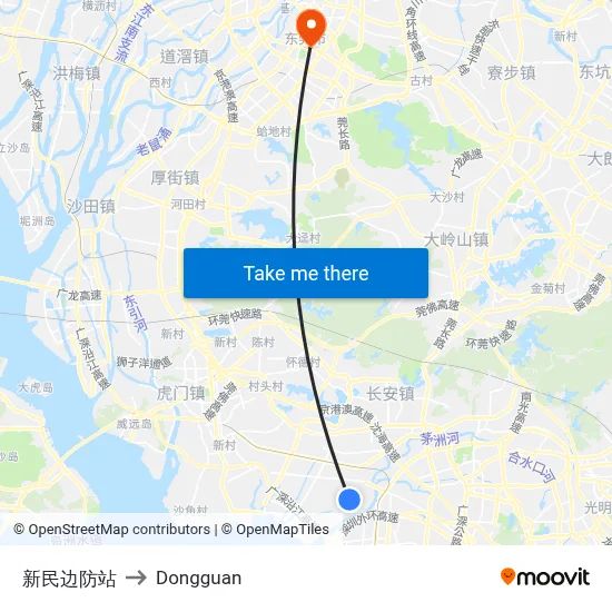 Xinmin Border Station to Dongguan map
