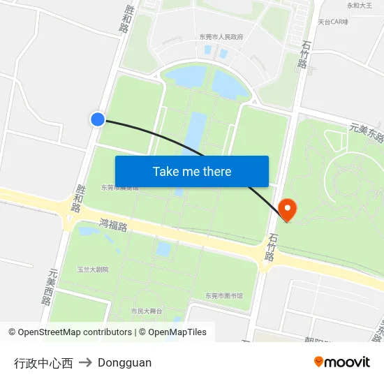 Administrative Center West to Dongguan map