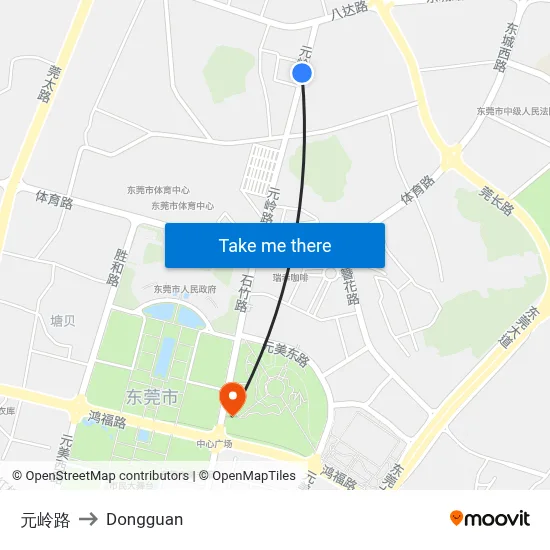 Yuanling Road to Dongguan map