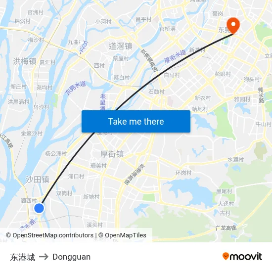 Donggang City to Dongguan map