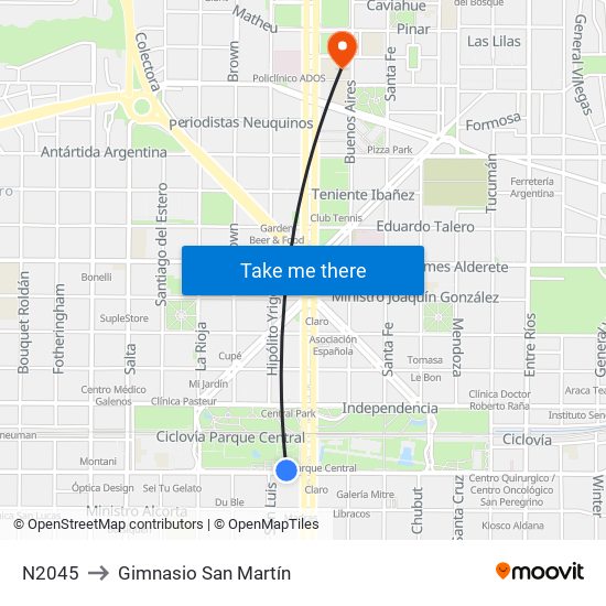 N2045 to Gimnasio San Martín map