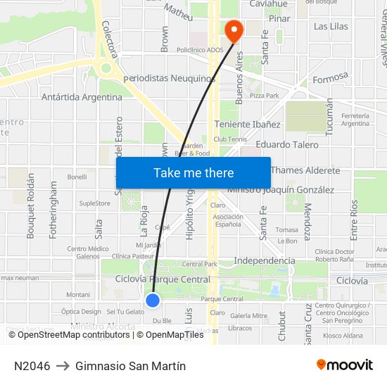 N2046 to Gimnasio San Martín map