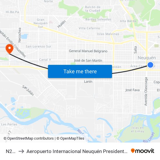 N2044 to Aeropuerto Internacional Neuquén Presidente Juan Domingo Perón map