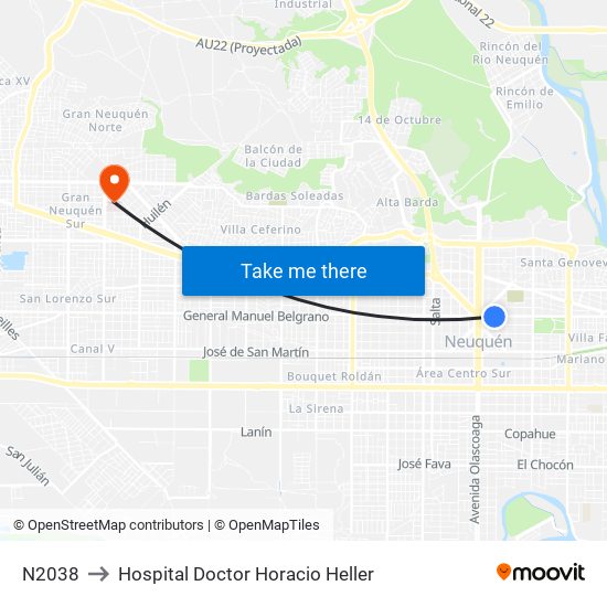N2038 to Hospital Doctor Horacio Heller map