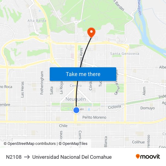 N2108 to Universidad Nacional Del Comahue map
