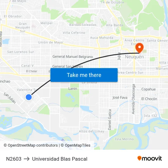 N2603 to Universidad Blas Pascal map
