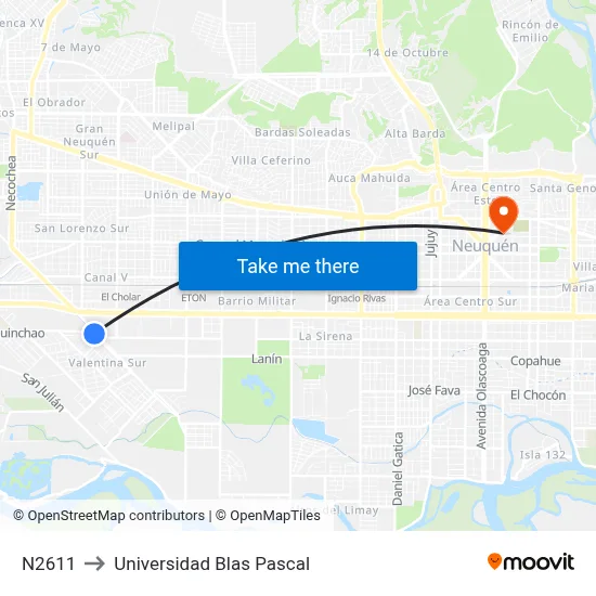 N2611 to Universidad Blas Pascal map