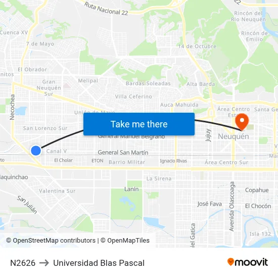 N2626 to Universidad Blas Pascal map