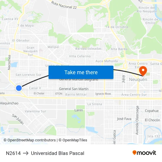 N2614 to Universidad Blas Pascal map