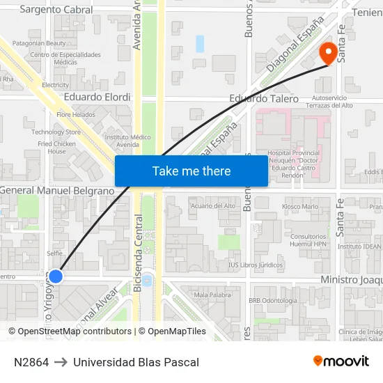 N2864 to Universidad Blas Pascal map