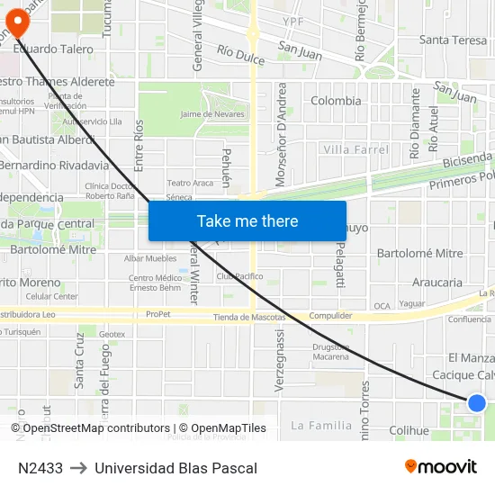 N2433 to Universidad Blas Pascal map