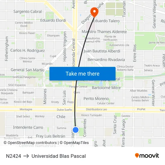 N2424 to Universidad Blas Pascal map